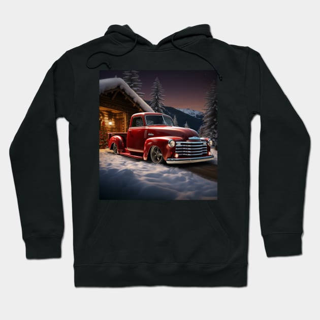 A festive red Christmas-themed Chevy 3100 Hoodie by Spearhead Ink